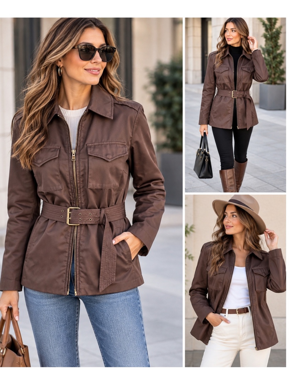 Nine West Brown Belted Utility Safari Jacket Weather Resistant cotton nylon S/P